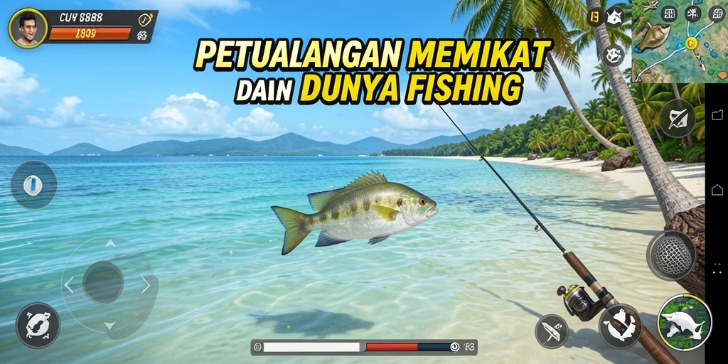 Screenshot gameplay CU888 menampilkan aksi seru dalam memancing ikan.