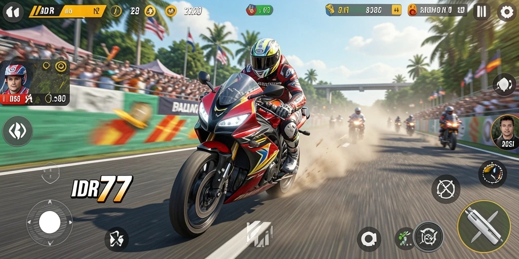 Tangkapan layar menampilkan aksi balapan motor yang intens.