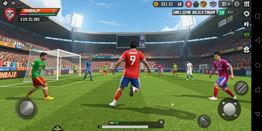 Screenshot gameplay IMBAJP dengan aksi sepak bola mendebarkan.