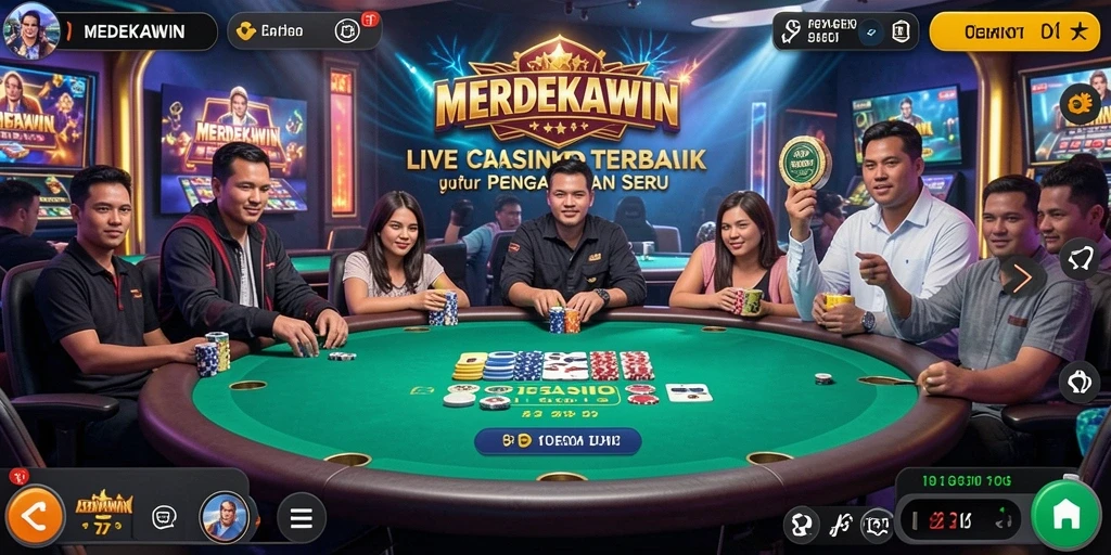 Tangkapan layar gameplay LIVE CASINO MERDEKAWIN dengan dealer dan pemain berinteraksi.