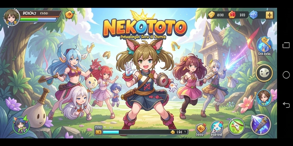 Screenshot utama NEKOTOTO menampilkan petualangan seru karakter anime.