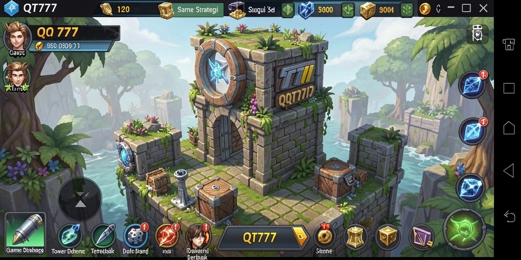 Gameplay QT777 menampilkan menara dan musuh yang menantang dalam strategi pertahanan.