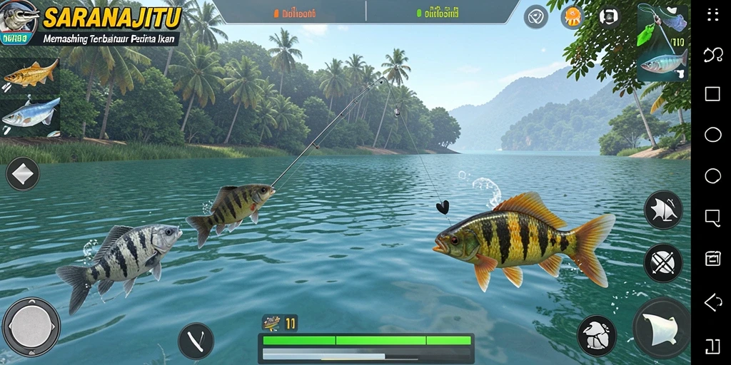Screenshot permainan SARANAJITU menunjukkan aksi memancing yang seru.