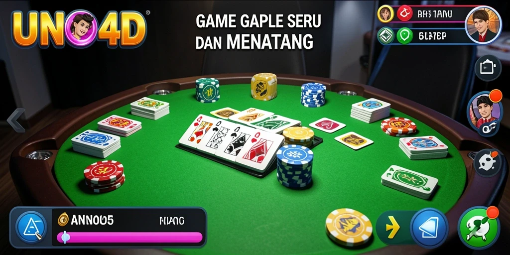 Tampilan gameplay seru Gaple UNO4D dengan kartu dan tabel yang menarik.